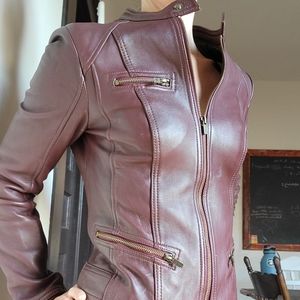 Burgundy Black Rivet Genuine Leather Moto Jacket W/ Zip Pockets sz S